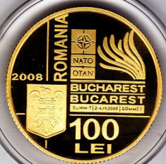 BNR 100 lei 2008 aur , 6,45 grame, Summitul Nato TIRAJ 500 bucati foto