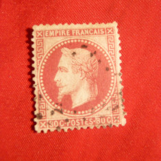 Timbru 80 C roz Napoleon III incoronat , 1867 Franta ,dantelat , stamp.