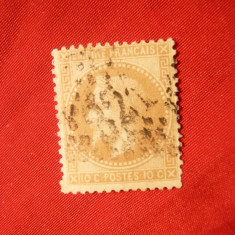 Timbru 10 C bistr. Napoleon III , 1867 Franta ,dantelat , stamp.