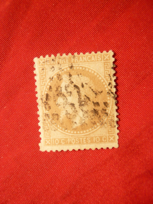 Timbru 10 C bistr. Napoleon III , 1867 Franta ,dantelat , stamp.