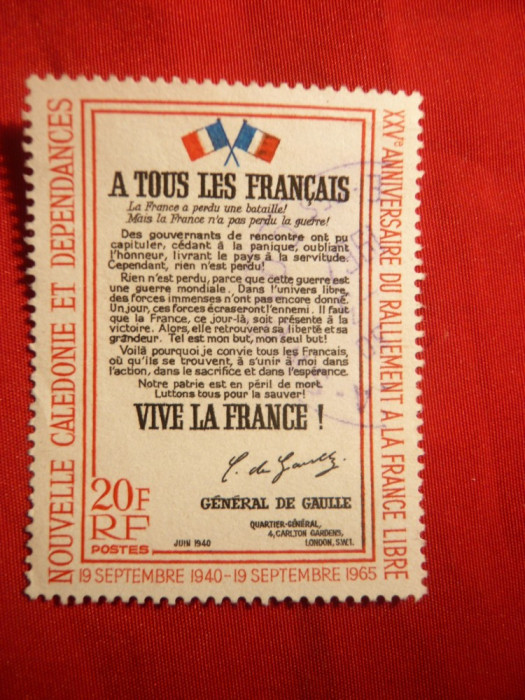 Serie A 25a Aniv. a Apelului Ch.deGaule 1965 Noua Caledonie terit. francez ,1val.stamp.