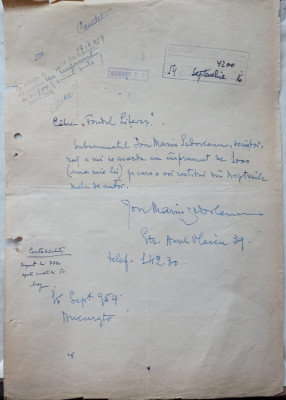 Adresa a scriitorul Ion Marin Sadoveanu , adresata Fondului Literar , 1954 foto