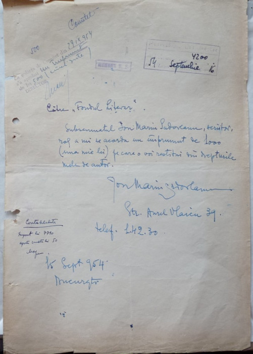 Adresa a scriitorul Ion Marin Sadoveanu , adresata Fondului Literar , 1954
