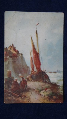 Vedere reproducere arta-Barci pe mare - pescari - maritim - scrisa, necirculata foto