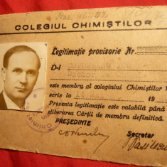 Legitimatie Colegiul Chimistilor 1946 , cu fotografie