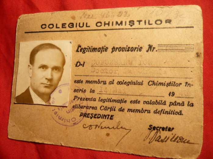 Legitimatie Colegiul Chimistilor 1946 , cu fotografie