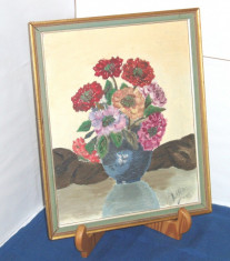 Tablou 24/19 cm acryl/carton, rama lemn - Glastra cu flori - semnat Lilian 43 foto