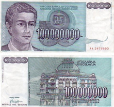 IUGOSLAVIA 100 000 000 DINARI 1993; P 124 / VF foto
