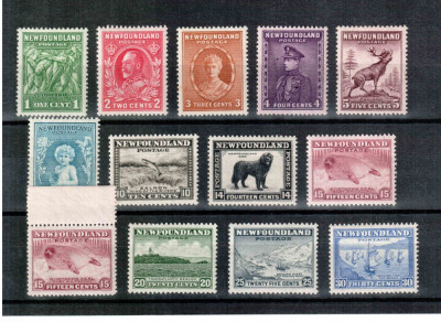 Newfoundland Terra Nova 1932 KGV, Mi #172-183**/* + 180 C**, fauna, caine, peste, MNH/MLH, rare, cota 108 Euro foto