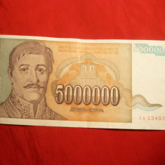 Bancnota 5 Milioane Dinari 1993 Yugoslavia ,cal.Buna-F.Buna