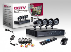 Sistem Complet Supraveghere Video 600 linii - Kit 4 camere metal exterior +DVR cu internet full D1 +++ cabluri alimentare, suporti foto