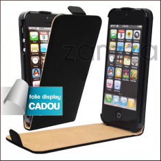 Husa iPhone 5 5s neagra piele ECO Folie protectie display CADOU foto