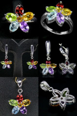 20% OFF! Sterling Silver &amp;amp;ndash; SET (Inel, Cercei, Pandantiv) 925 GP: Ametist, Peridot, Granat, Citrina, Topaz!!! foto