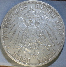 Imperiul German, Prusia, 3 Mark 1909 A, Arg.; VF-XF. foto