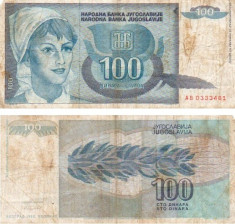 LOT 5 BANCNOTE IUGOSLAVIA 100 DINARI 1992; P 112 / VG foto