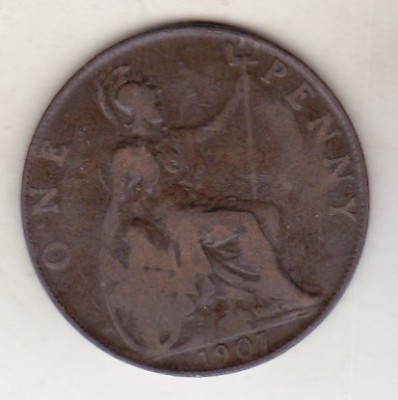 bnk mnd Marea Britanie Anglia 1 penny 1907 vf foto
