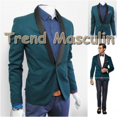 Sacou Blazer Barbati Slim Verde Turcoaz Guler Negru foto