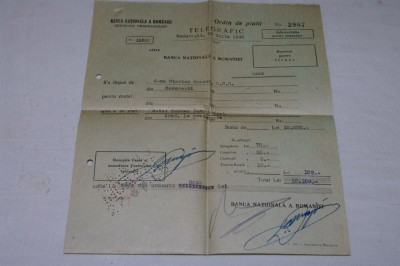 Ordin de plata telegrafic - Banca Nationala a romaniei - 1942 foto