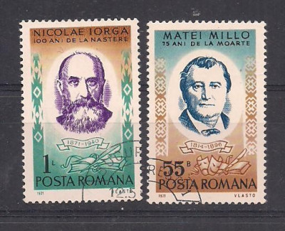 No(02)timbre-Romania 1971-L.P.784-Aniversari III M.Millo si N.Iorga-serie stampilata foto