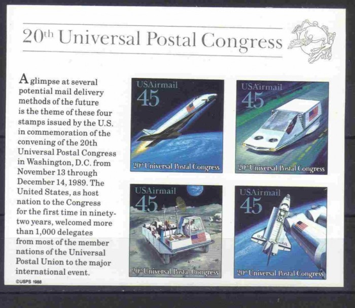 SUA 1989, Cosmos - UPU, serie neuzata, MNH