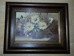 Tablou panza pictat in ulei cu flori cu rama din lemn 26cm/21cm foto