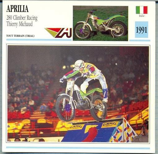 415 Foto Motociclism -APRILIA 280 CLIMBER RACING, THIERRY MICHAUD - ITALIA -1991 -pe verso date tehnice in franceza -dim.138X138 mm -starea ce se ved