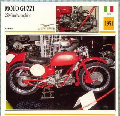 432 Foto Motociclism - MOTO GUZZI 250 GAMBALUNGHINO - ITALIA -1951 -pe verso date tehnice in franceza -dim.138X138 mm -starea ce se vede foto