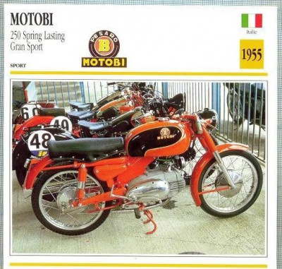 404 Foto Motociclism - MOTOBI 250 SPRING LASTING GRAN SPORT - ITALIA -1955 -pe verso date tehnice in franceza -dim.138X138 mm -starea ce se vede foto