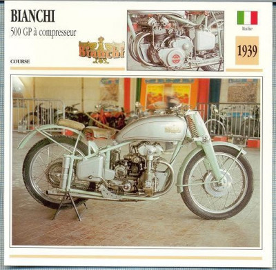 417 Foto Motociclism -BIANCHI 500 GP A COMPRESSEUR - ITALIA -1939 -pe verso date tehnice in franceza -dim.138X138 mm -starea ce se ved foto