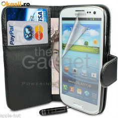 Husa neagra cu carcasa incorporabila Samsung Galaxy S3 i9300 flip cover tip portofel carte de vizita, bonus cadou pen + folie ecran + laveta foto