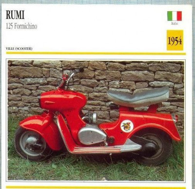 408 Foto Motociclism - RUMI 125 FORMICHINO -SCOOTER - ITALIA -1954 -pe verso date tehnice in franceza -dim.138X138 mm -starea ce se vede foto