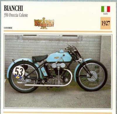 418 Foto Motociclism -BIANCHI 350 FRECCIA CELESTE - ITALIA -1927 -pe verso date tehnice in franceza -dim.138X138 mm -starea ce se ved foto