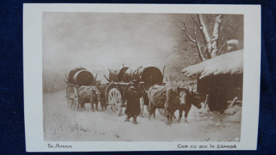 Vedere - Pictura-Th. Aman - Car cu Boi in zapada 56 - Interbelica Necirculata foto