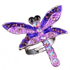 Inel libelula placat cu aur alb 18K si aplicatii de strasuri, model Purple Dragonfly foto