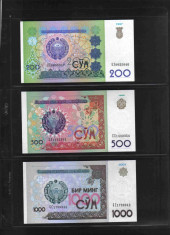 [ Y ] - Uzbekistan set complet 200, 500, 1.000 sum 1997, 1999, 2001 P80-82 UNC foto