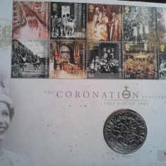 FDC Medalie Anglia The Coronation Anniversary 1953-2 June 2003,plic mare necirculat,18cmx25cm,10 timbre nestampilate,100 roni,taxele postale gratuite