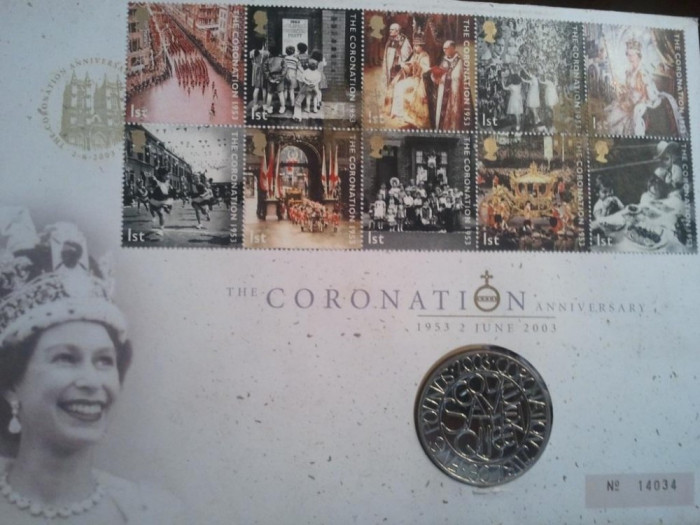 FDC Medalie Anglia The Coronation Anniversary 1953-2 June 2003,plic mare necirculat,18cmx25cm,10 timbre nestampilate,100 roni,taxele postale gratuite