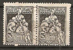 TIMBRE 101d, ROMANIA, 1921, ASISTENTA SOCIALA, 25 BANI, PERECHE, CURIOZITATE LA MARCA STANGA, PERFORATIE LIPSA PE LATURILE ORIZONTALE, EROARE, ERORI