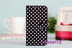 Livrare gratuita! Husa stand wallet (carte, portofel) polka dots (neagra cu buline albe) pentru SAMSUNG GALAXY S2 Plus I9105 + laveta + stylus foto