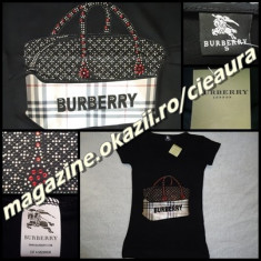 TRICOU FIT NEGRU DAMA firma BURBERRY ORIGINAL DECOLTAT MULAT GEANTA MARE pe PIEPT PIETRE SWAROVSKI MANECA SCURTA TRICOURI BLUZE FEMEI foto