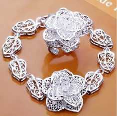 Set superb bratara + inel forma florala din argint 925 + cutie cadou; lungime bratara reglabila, intre 17 si 19.5 cm, inel marime reglabila foto