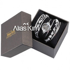 Ceas dama ALIAS KIM (AK SUA) by FOSSIL tip bratara fixa -argintii cu pietre albe negre, pret site 112 $+cutie cadou+card garantie foto