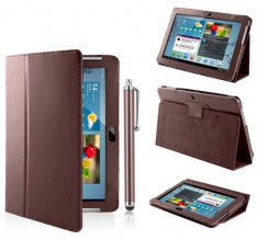 Husa tip stand Samsung Galaxy Tab 2 10.1&amp;#039; P5100/P5110 *BROWN* + Folie Protectie Ecran + Touch Pen Gratis foto
