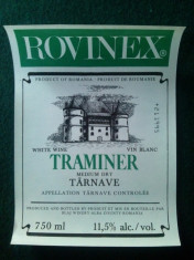 ETICHETA VIN ROMANESC PENTRU EXPORT ROVINEX TRAMINER - 1995 foto