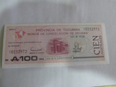 ARGENTINA / provincia TUCUMAN 100 Ariali / 1991. unc. foto