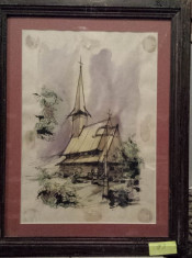 Tablou - Biserica de lemn din Maramures, desen - pastel, 1972 foto