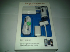 Incarcator 5 in 1 priza + auto + cablu USB + casti + spliter casti Apple iPhone 3G 3GS 4 4S iPod- PRET NEGOCIABIL - IMPORTATOR EXTERN foto