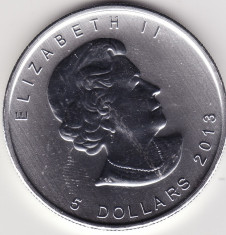 Moneda - Canada - 5 Dollars 2013 - Elisabeta a II-a - A 25-a aniversare a monedelor de argint cu frunza de artar canadiana - 31.1g - Argint .999 foto