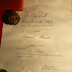 Ordinul Muncii cl.III RPR in cutie, cu brevet,acordat marelui Gelu Solomonescu