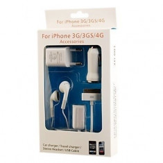 Incarcator 5 in 1 priza + auto + cablu USB + casti + spliter casti Apple iPhone 3G 3GS 4 4S iPod foto